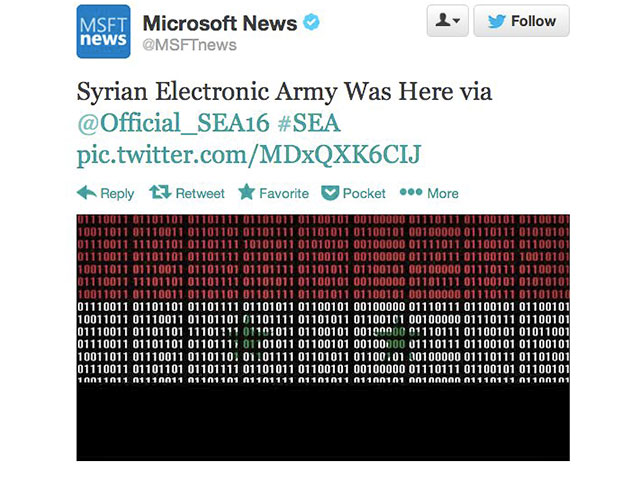 Хакерская группировка "Сирийская электронная армия" (Syrian Electronic Army) в субботу взломала аккаунт компании Microsoft в сети микроблогов Twitter
