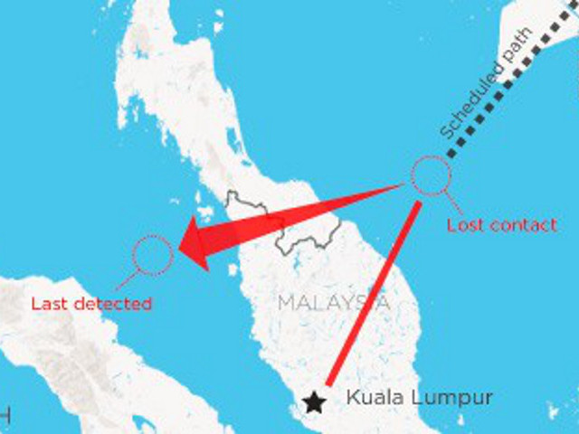 Перед тем, как пропасть с радаров, Boeing-777-200 "Малазийских авиалиний" изменил курс и летел в направлении Малаккского пролива