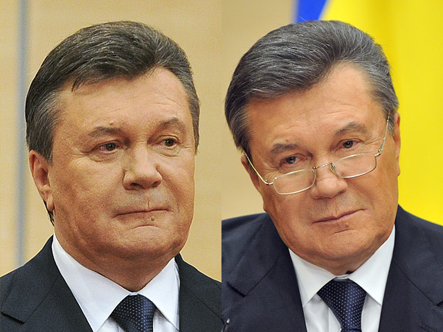 Народный депутат Тарас Чорновола заявил, что в отличие от первой пресс-конференции, на которой "был 100% Янукович" (справа), во второй раз в Ростове вместо него выступал загримированный актер (слева)