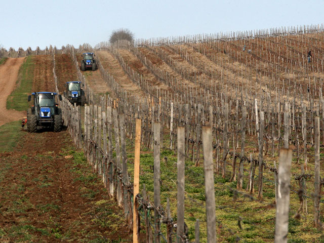 Сотрудники ОАО "Бурлюк" вспахивают землю на территории виноградника в селе Каштаны Бахчисарайского района в Крыму