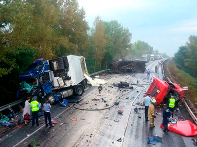 На трассе в Башкирии произошло ДТП с участием двух грузовиков и микроавтобуса. Грузовые автомобили после столкновения загорелись. По данным управления ГИБДД по республики, два человека погибли, трое получили ранения