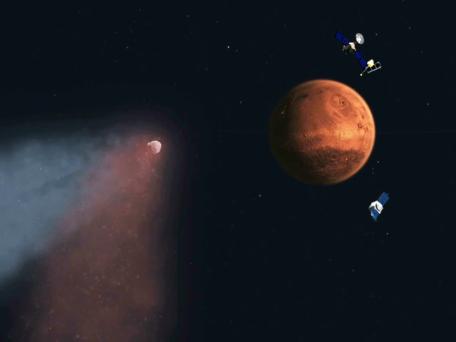 Комета Siding Spring, прошедшая мимо Марса 19 октября, оказала на планету воздействие, которого не предполагали ученые - облако из пыли и газа, окружающее комету, задело марсианскую атмосферу