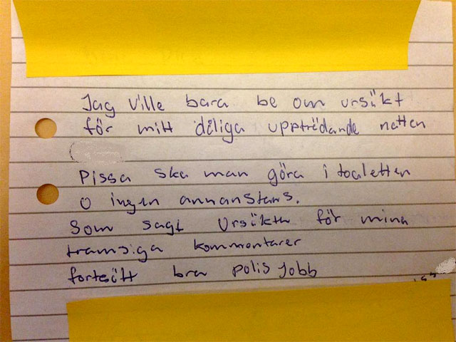 Письмо с извинениями, адресованное полиции города Линкепинга незадачливым шведом, вынужденным провести ночь в вытрезвителе за непристойное поведение, стало хитом шведского сегмента Сети