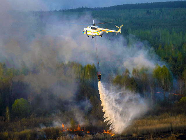 На территории специального комбината "Чернобыльская пуща", расположенного в зоне отчуждения, украинские спасатели пытаются потушить пожар, охвативший около 320 гектаров леса