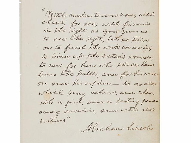 Тринадцатистрочная надпись, сделанная 16-м президентом США Авраамом Линкольном за неделю до смерти, была продана с аукциона за 2 млн 213 тыс. долларов