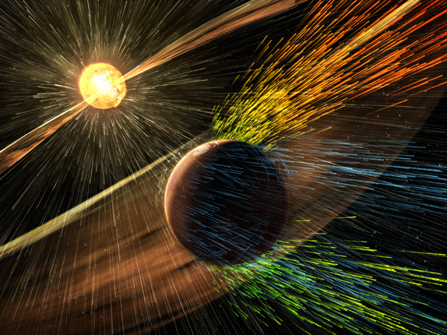 Согласно мнению исследователей, когда-то на красной планете могли сложиться условия для появления жизни, однако солнечные ветры с течением времени "выдули атмосферу" в космос