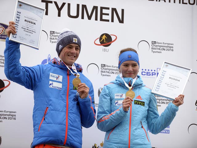 Российские биатлонисты Виктория Сливко и Антон Бабиков завоевали золото в одиночной смешанной эстафете (супермиксте) на чемпионате Европы по биатлону, который стартовал в среду в Тюмени