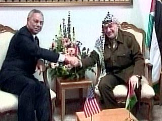 Встреча госсекретаря США Колина Пауэлла и главы Палестины Ясира Арафата состоялась в штаб-квартире главы Палестины в Рамаллахе