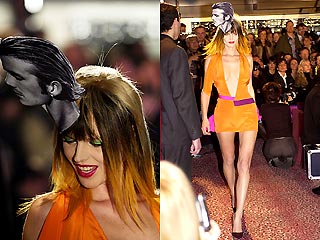 Манекенщица Ева Херцигова на модном шоу в Дублине продемонстрировала экстравагантную шляпу в форме головы знаменитого английского футболиста Дэвида Бекхэма