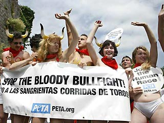 Защитники прав животных из 15 стран, включая Россию, провели в испанской Памплоне манифестацию протеста против традиционных забегов с быками, проводящихся в этом городе
