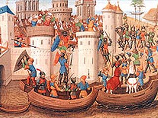 12-13 апреля 1204 года Константинополь был взят, подвергся неслыханному грабежу, поруганию храмов и святынь. Миниатюра XV века