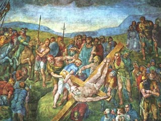 Фреска "Распятие святого Петра" (на фото) и "Обращение святого Павла" украшает стены капеллы Паолина. Заказанные Папой Павлом III и выполненные соответственно в 1545 и 1550 годах, они считаются последними завершенными работами Микеланджело