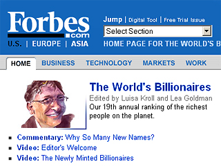 Влиятельный американский еженедельник Forbes опубликовал свой 19-ый ежегодный рейтинг самых богатых людей планеты