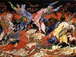 Празднование юбилея Куликовской битвы в РПЦ оскорбительным для татар не считают. На фото палехская миниатюра И.И. Голикова ''Куликовская битва''