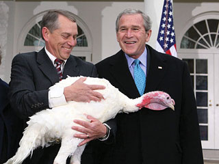 Накануне праздника президент Джордж Буш проявил традиционное для этого дня милосердие - "помиловал" двух гигантских индюков, которых ему доставили для праздничного стола в канун Дня благодарения