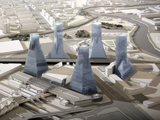Архитектор Никита Явейн, проектировавший здание Ладожского вокзала Санкт-Петербурга, предложил украсить прилежащую территорию пятью пирамидальными небоскребами высотой по 130-135 метров каждый