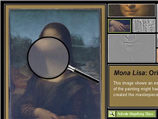 Разглядеть можно даже зрачок Моны Лизы, причем в нескольких вариантах - без цвета лака, покрывающего картину, и с истинным цветом пигментов краски, использованной Леонардо да Винчи