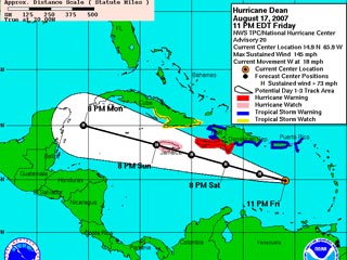 Ураган "Дин", который продвигается по Карибскому морю в северо- западном направлении, достиг в пятницу четвертой категории по международной пятибалльной шкале