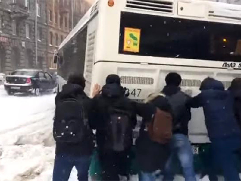 В заметенном снегом Петербурге школьникам пришлось вызволять автобус из сугроба