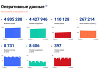 Число подтвержденных случаев заражения коронавирусом в России возросло за сутки на 8 731, до 4 805 288