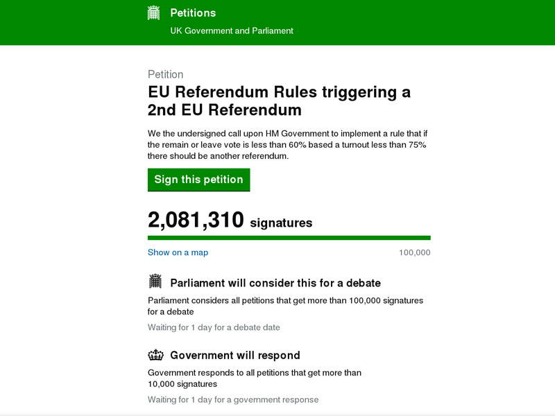 Британская петиция с просьбой о втором референдуме по выходу страны из Европейского Союза набрала 2 млн подписей за сутки. По данным на 20:33 мск. ее подписали 2 млн 32 тысячи человек