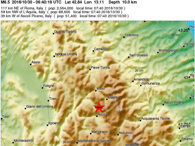 Новое сильное землетрясение в центральной Италии: магнитуда 6,6
