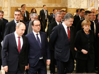 Владимир Путин, Франсуа Олланд, Петр Порошенко и Ангела Меркель, Минск, февраль 2015 года