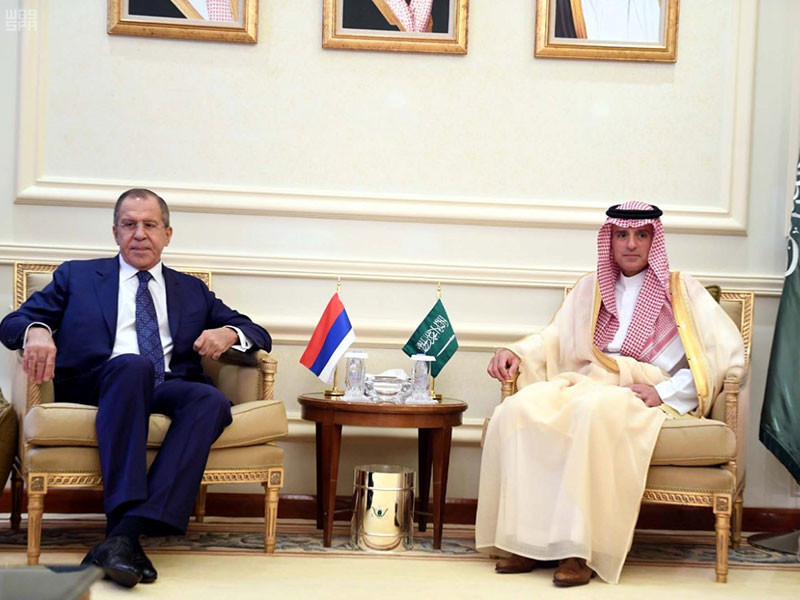 Министр иностранных дел России Сергей Лавров на встрече с главой МИД Саудовской Аравии Аделем аль-Джубейром