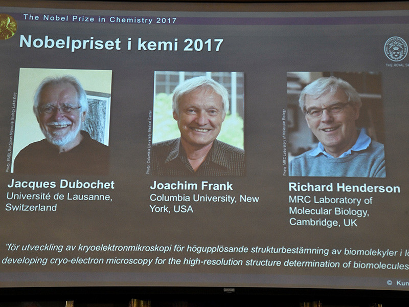 Нобелевская премия 2017 года в области химии присуждена Жаку Дюбоше, Иокиму Франку и Ричарду Хендерсону за разработку криоэлектронной микроскопии для определения структуры молекул с высоким разрешением в растворе