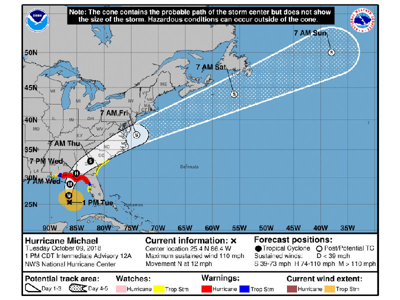 По последним данным Национального центра наблюдения за ураганами США, "Майкл" находится над Мексиканским заливом и окажется в непосредственной близости американского побережья в среду