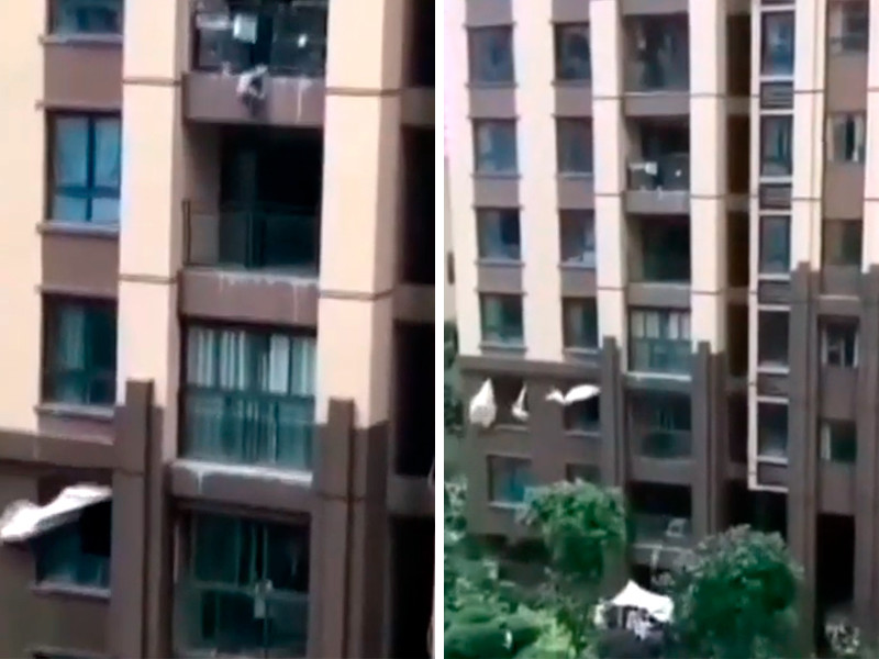 В Китае выпавшего с шестого этажа ребенка поймали, растянув одеяло