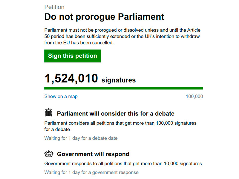 Свыше 1,5 миллиона человек подписали к вечеру четверга размещенную на сайте парламента Великобритании петицию с требованием не допустить приостановки работы Палаты общин (нижней палаты законодательного органа)