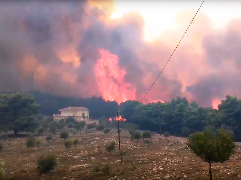 На греческом курортном острове лесной пожар подбирается к населенным пунктам