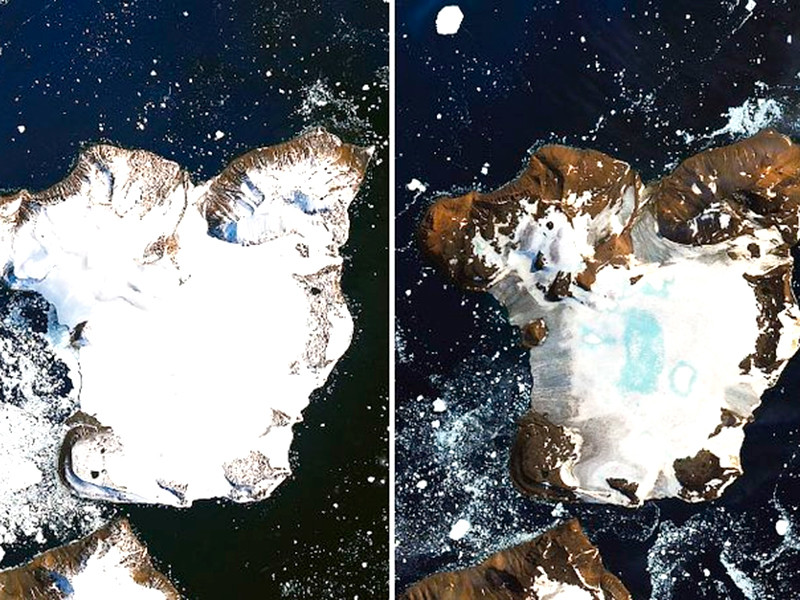 NASA обнародовало спутниковые снимки острова Игл в Антарктике, на которых видно беспрецедентное таяние ледяной шапки. Фотографии эти были сделаны 4 и 13 февраля спутником дистанционного зондирования Земли Landsat 8

